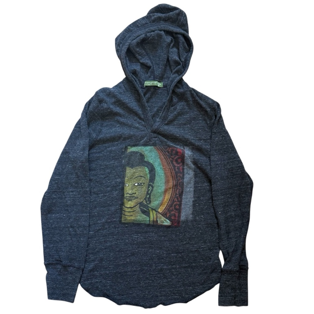 Alternative Earth Painted Vintage Grey Buddha Hooded Long Sleeve T-Shirt XS - Picture 2 of 7